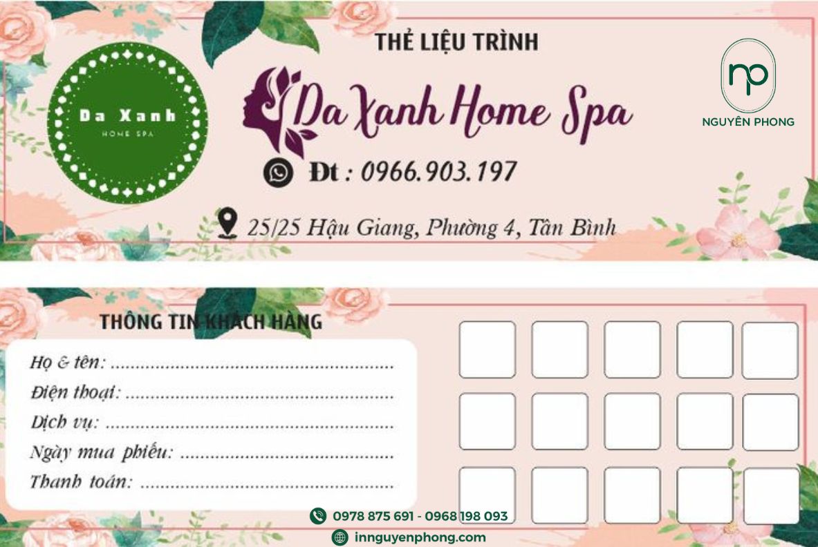 mẫu thẻ liệu trình spa đơn giản